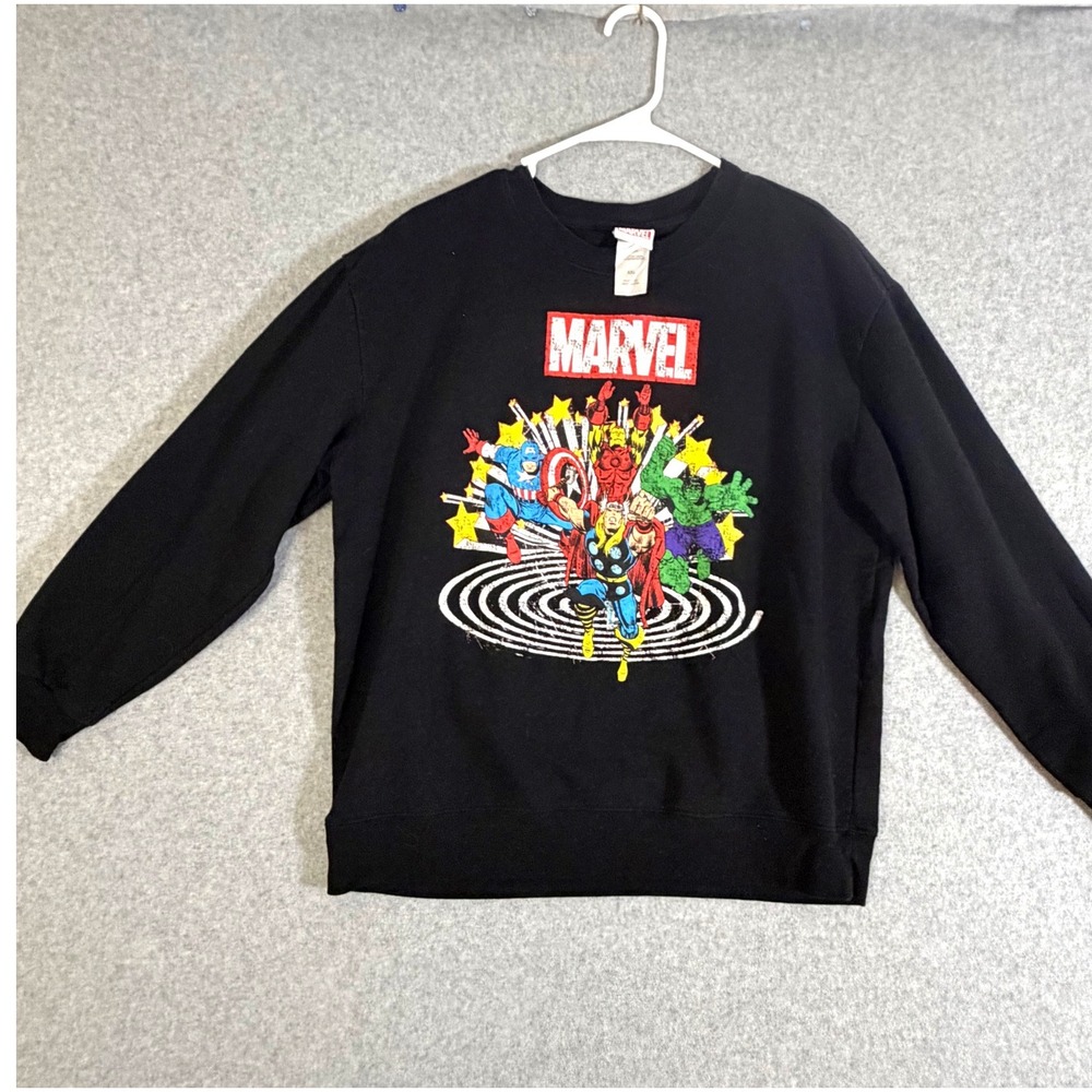Marvel Avengers Sweatshirt Mens XXL Black Graphic Crewneck Comic Spellout Fleece